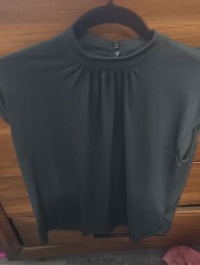 H&M Dark Green Mock Neck Cap Sleeve Blouse with Front Pleats